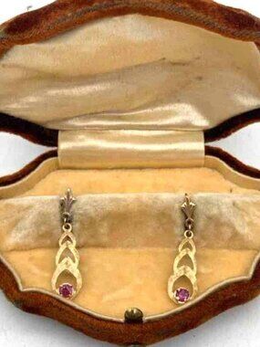 14k Gold Ruby Earrings Florentine Dangle Post VINTAGE